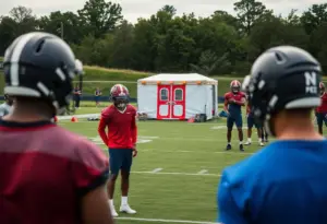 Baltimore Ravens practice field with medical tent in the background