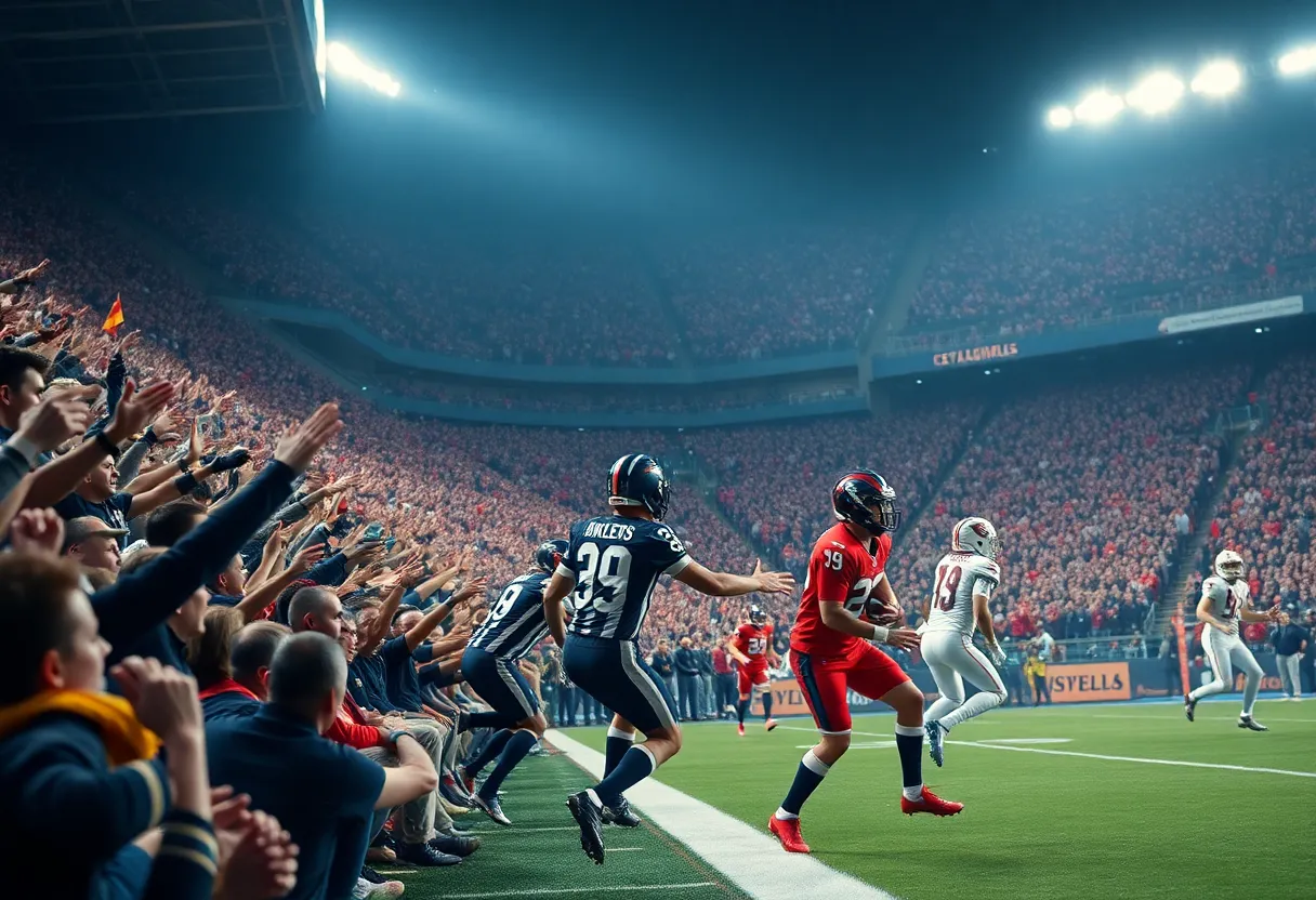 Football game between Ravens and Patriots with players in action