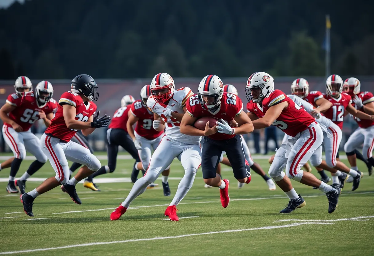 Football players in action during a game with a focus on defensive maneuvers.