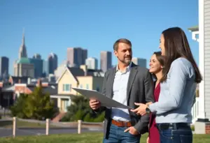 A realtor guiding home buyers in front of a house in Baltimore.