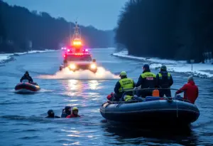 Emergency responders conducting a rescue operation in the Susquehanna River.