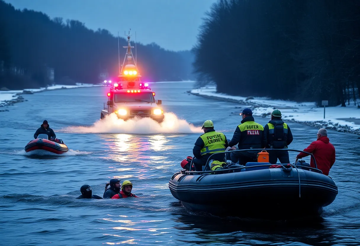 Emergency responders conducting a rescue operation in the Susquehanna River.