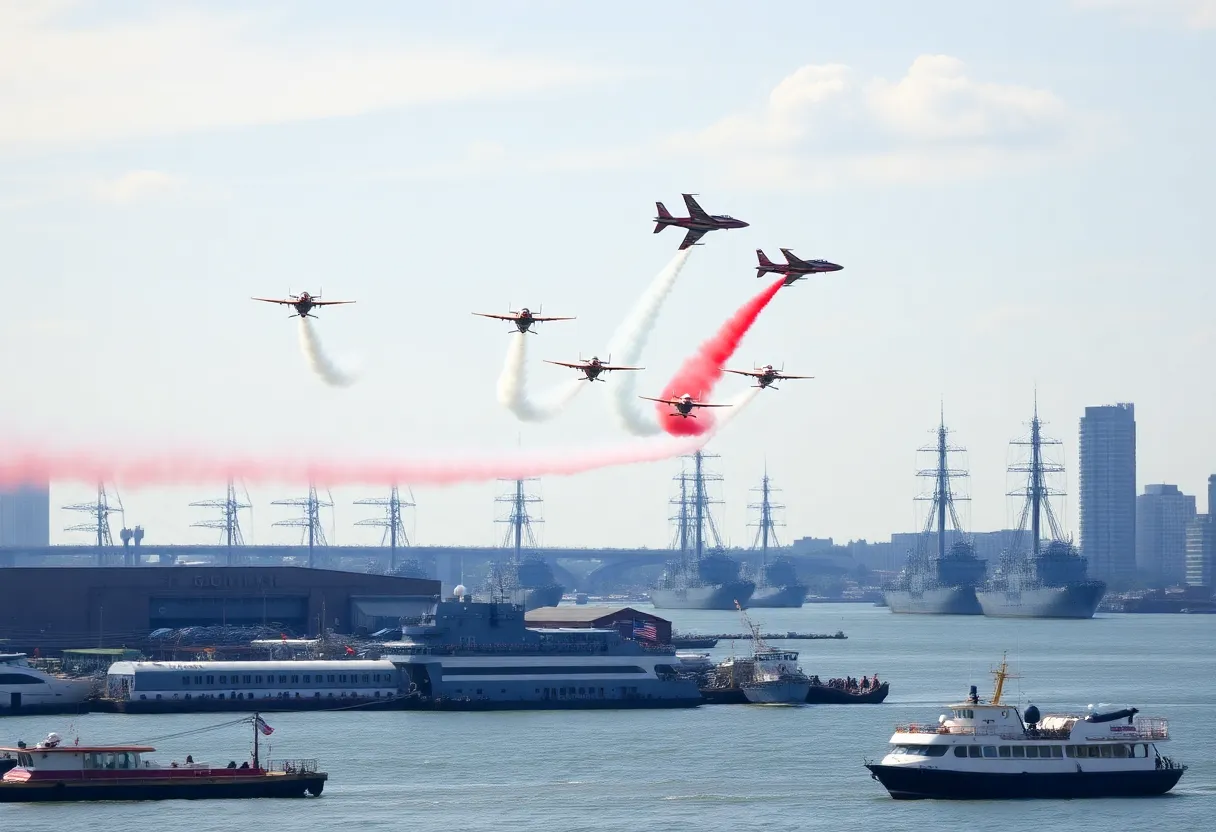 An aerial view of the SAIL250 Maryland Air Show featuring tall ships and aircraft over Baltimore Harbor.