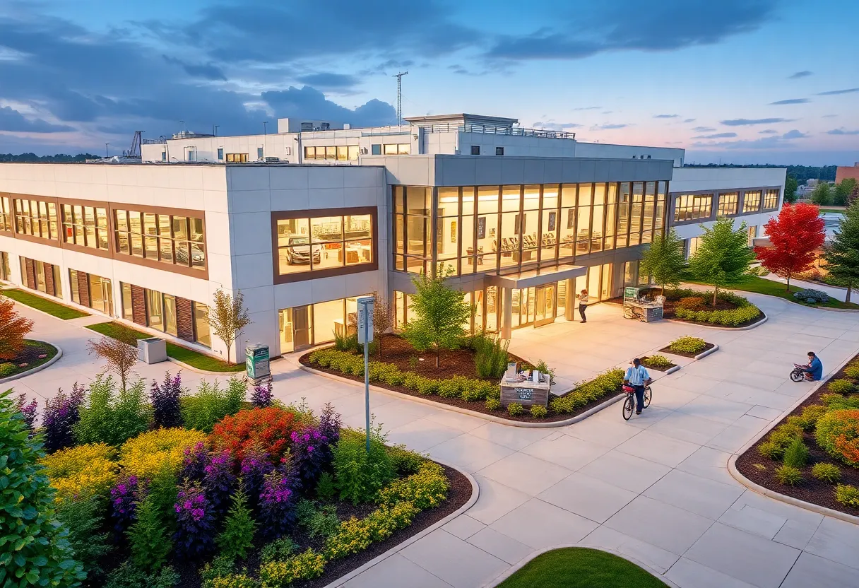 Exterior view of Samsung Biologics manufacturing facility in Rockville.