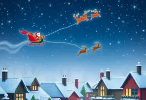 Santa's sleigh flying with reindeer in a winter landscape