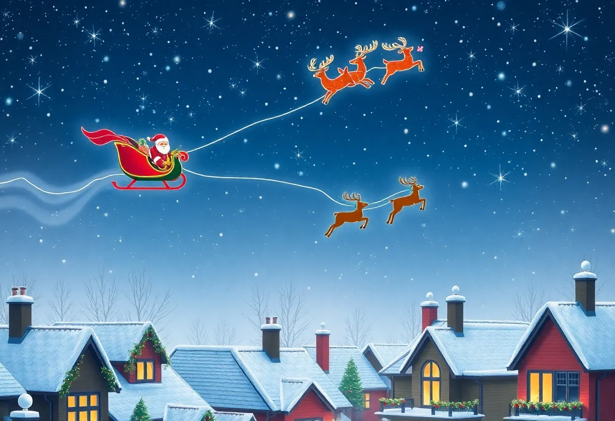 Santa's sleigh flying with reindeer in a winter landscape