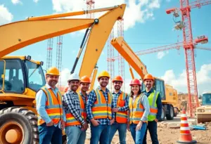 A diverse team working on a construction site showcasing heavy machinery in use.