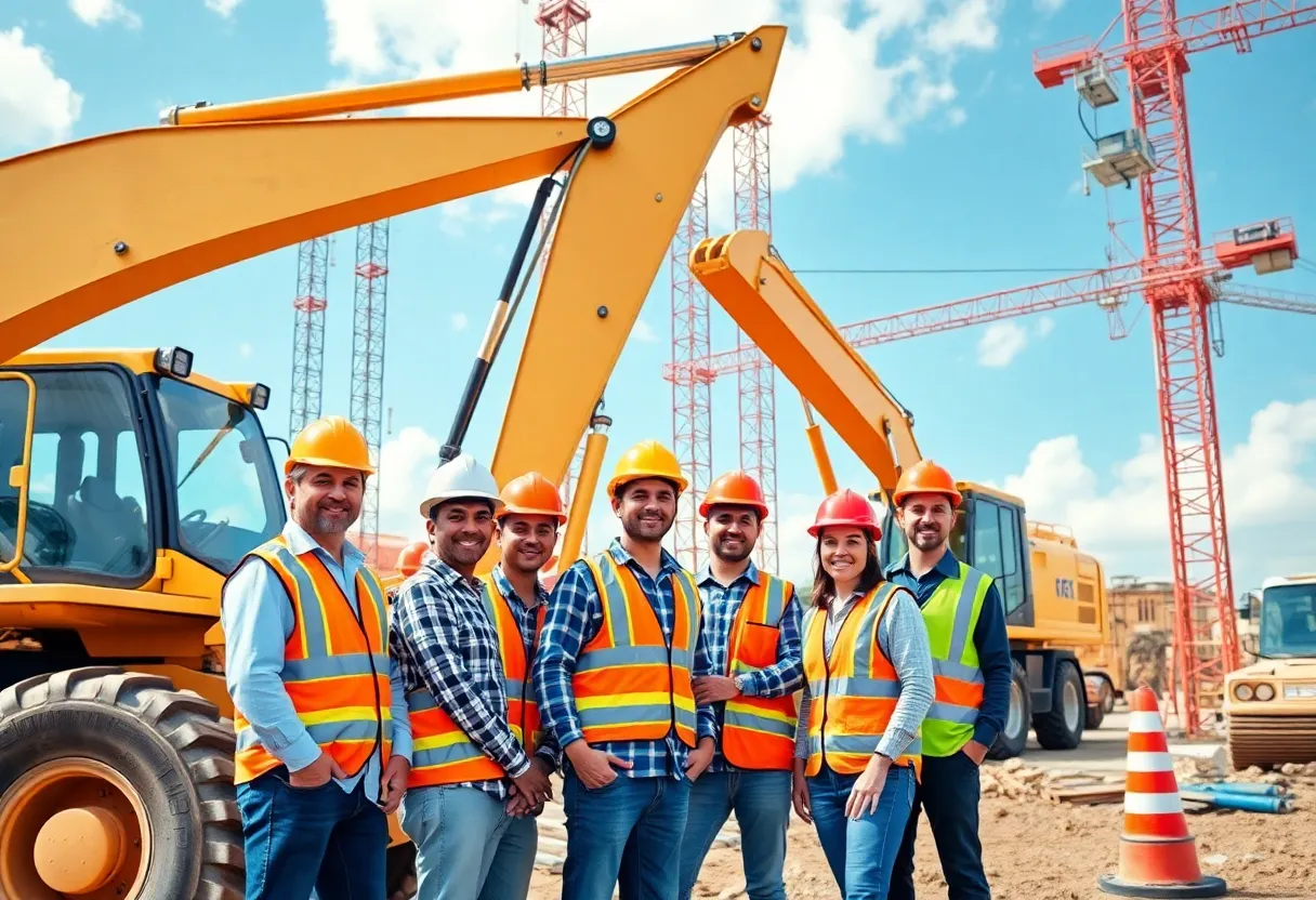 A diverse team working on a construction site showcasing heavy machinery in use.