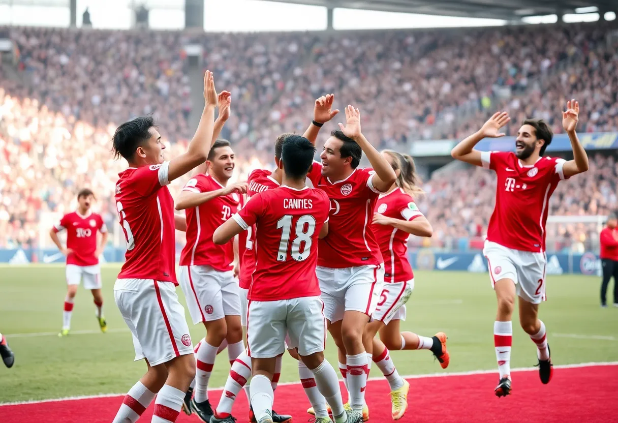 St. Mary's women's soccer team celebrating a goal on the field