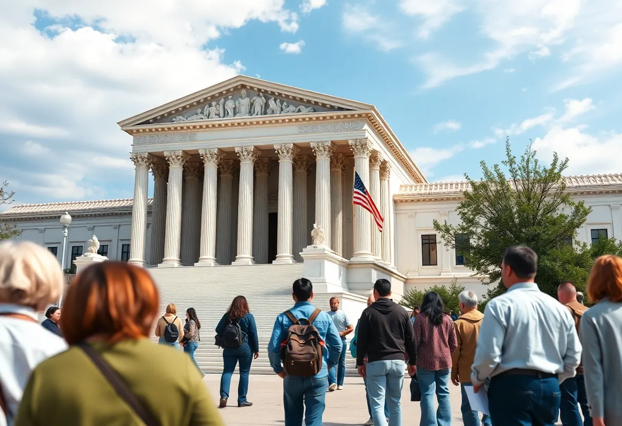 Exterior view of the U.S. Supreme Court building with people discussing immigration issues