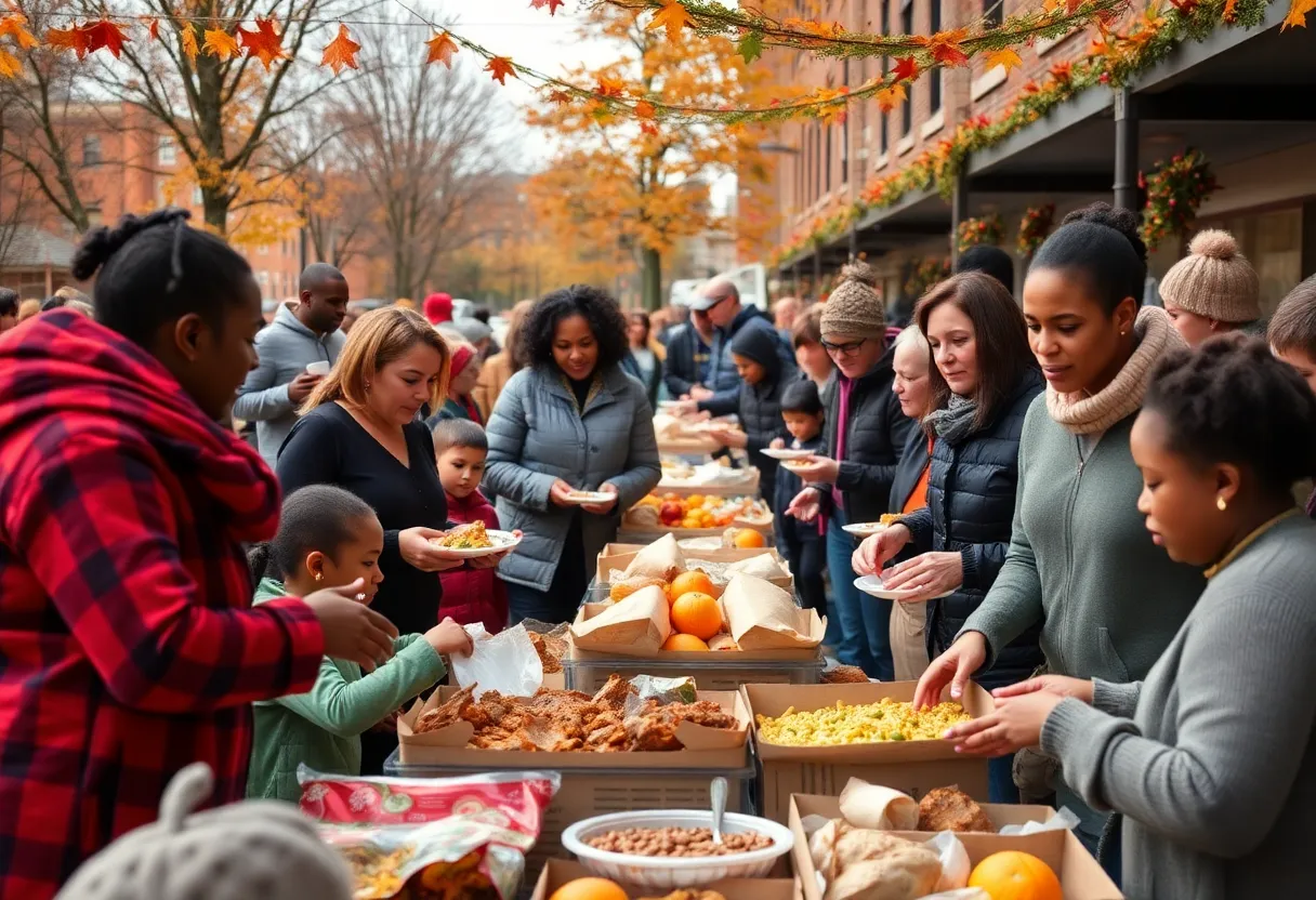 Community members sharing meals at a Thanksgiving event in Baltimore.