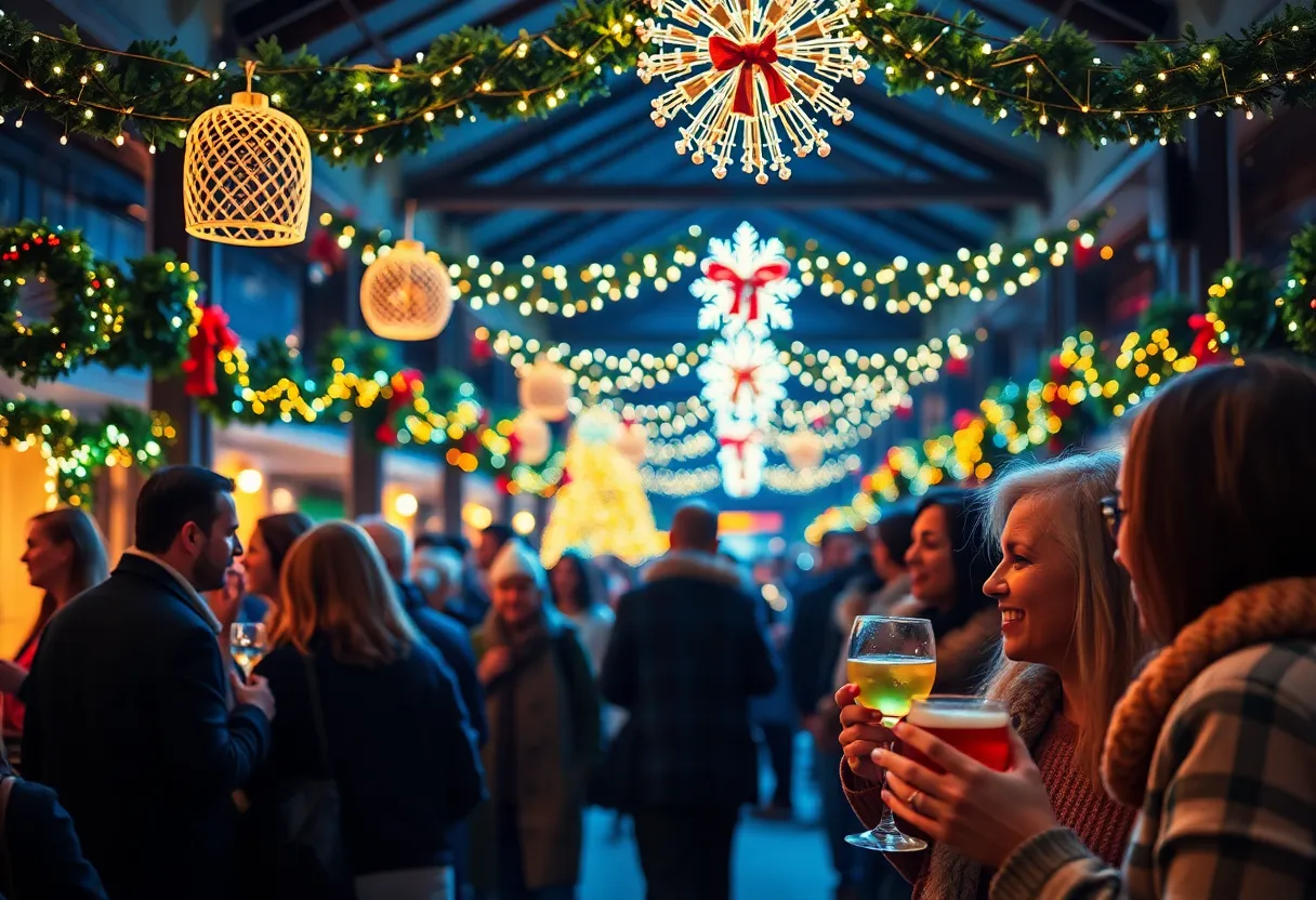 A community gathering with festive decorations and people enjoying drinks at Tinsel on Tap.