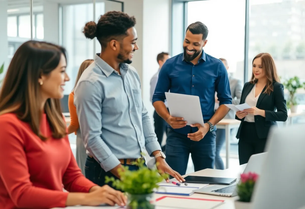 Employees in a collaborative work environment celebrating their recognition as a top workplace.