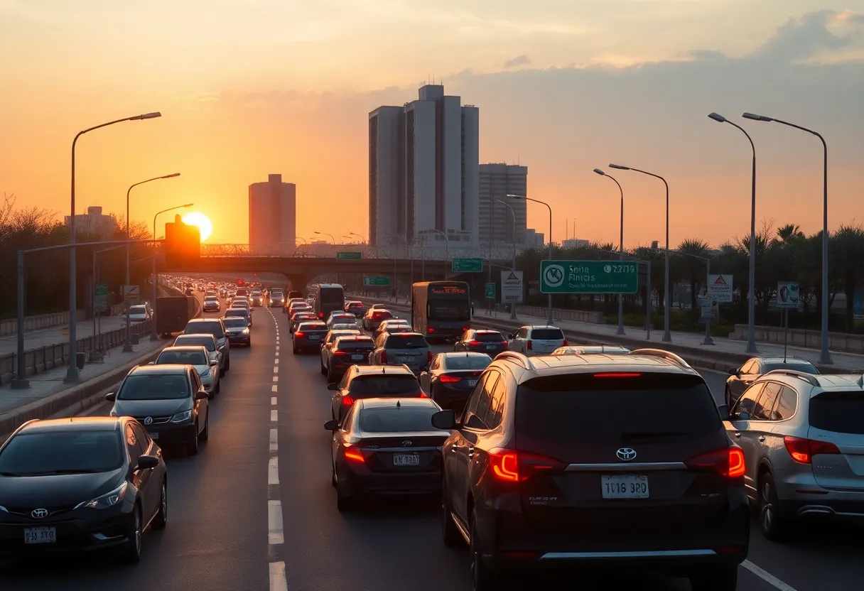 Busy urban roadway during sunset with traffic congestion