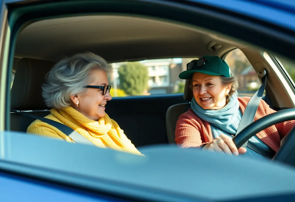 A volunteer providing transportation services to seniors in a friendly community setting.