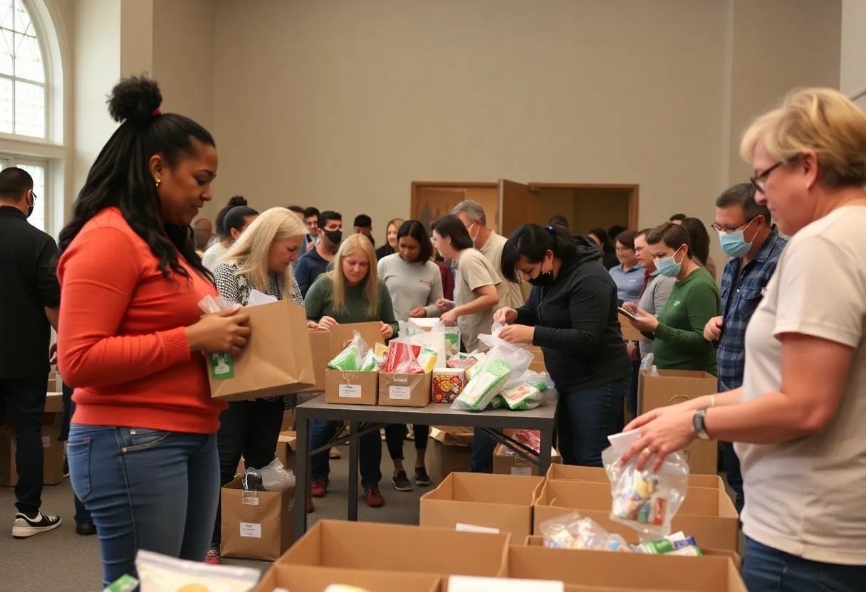 Volunteers packing care packages at Circle Church