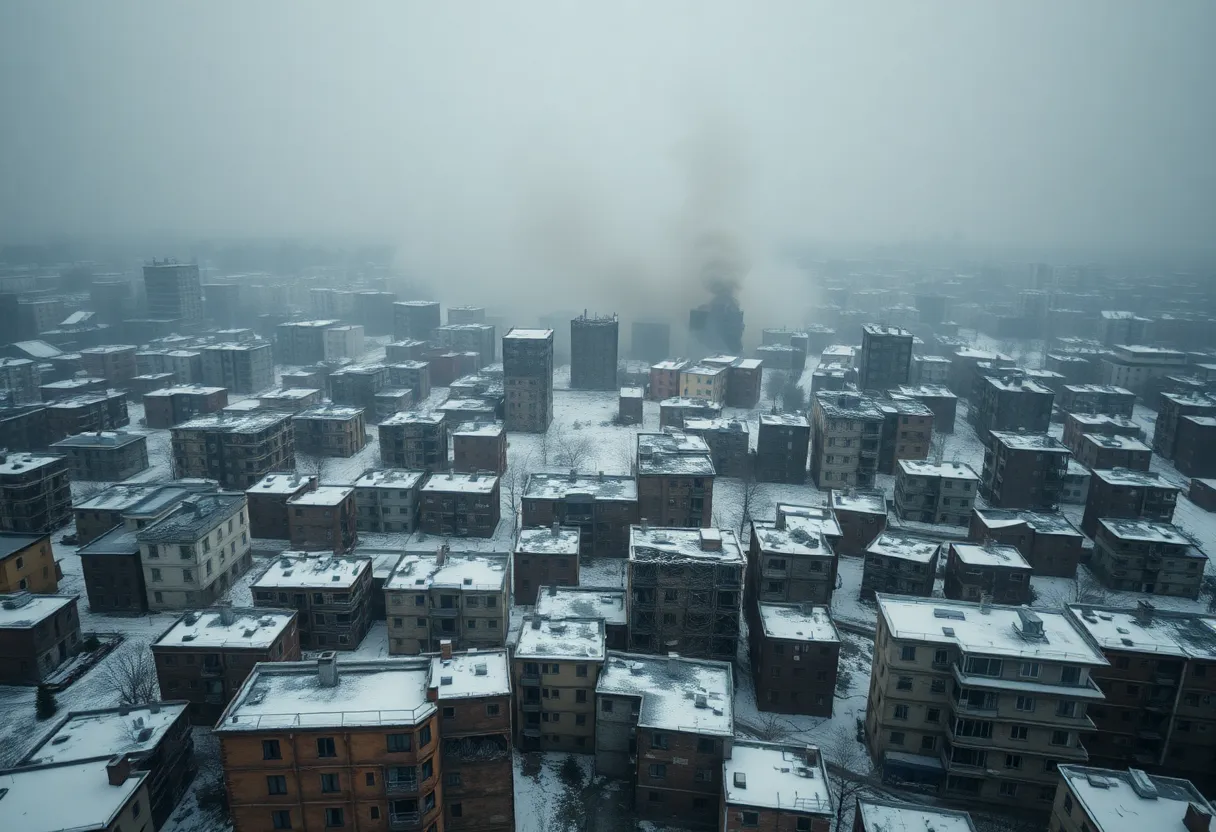 Aerial view of a winter city affected by conflict