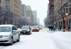 Snow-covered street in Washington D.C. with vehicles and pedestrians