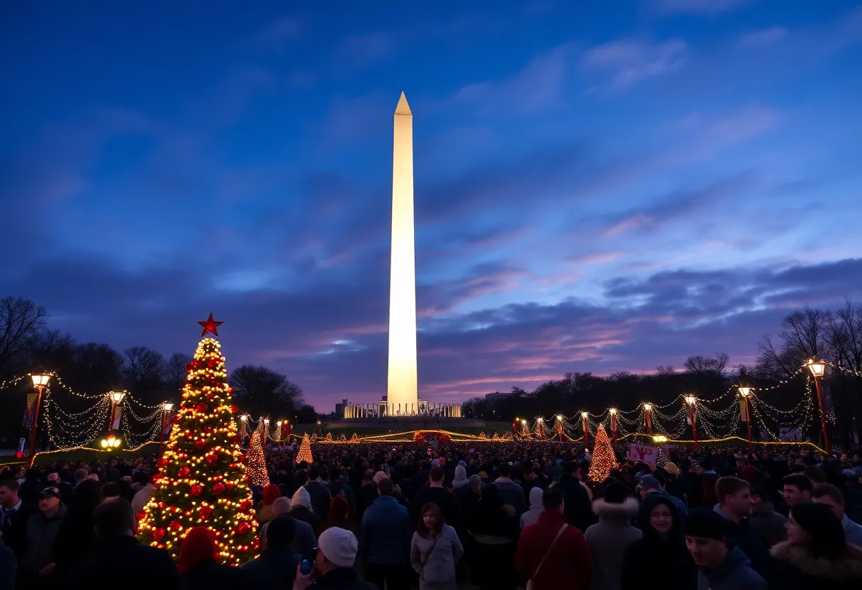 Crowds gather to celebrate the Washington Monument Lighting in Baltimore with festive lights and winter scenery.
