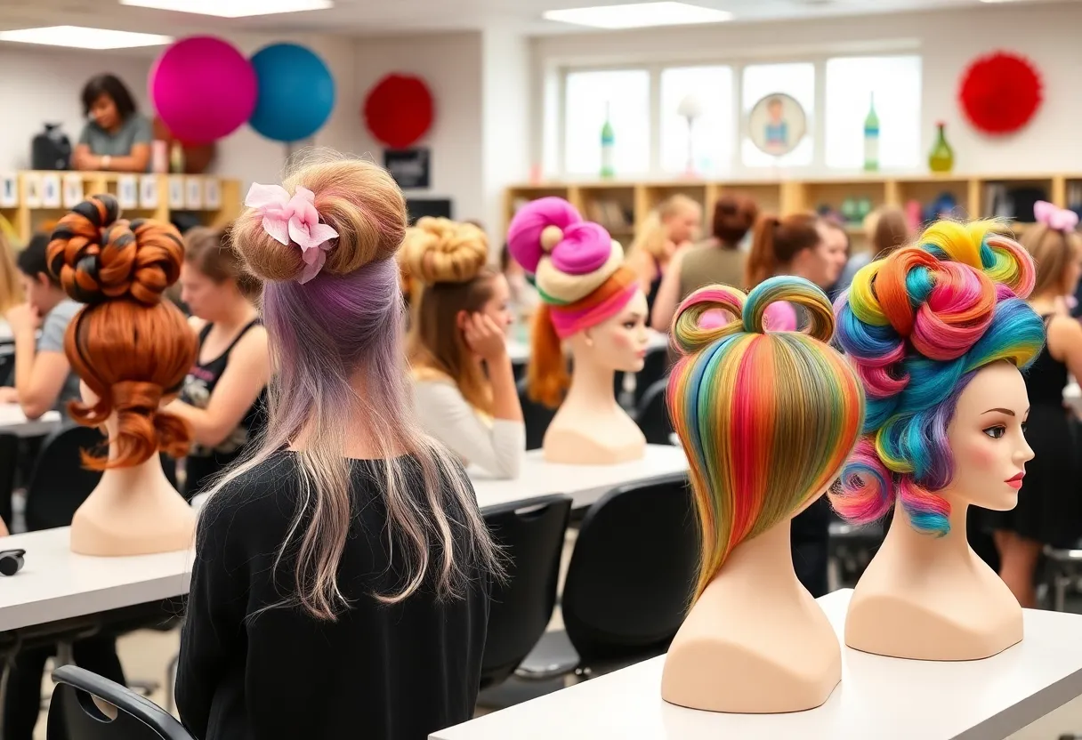 Students creating imaginative hairstyles at the Whoville Hairdo event.