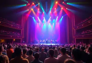 A theatrical performance scene from Wicked: For Good with colorful stage lights and an audience enjoying the show.