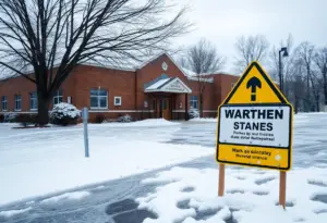 School building in winter weather conditions