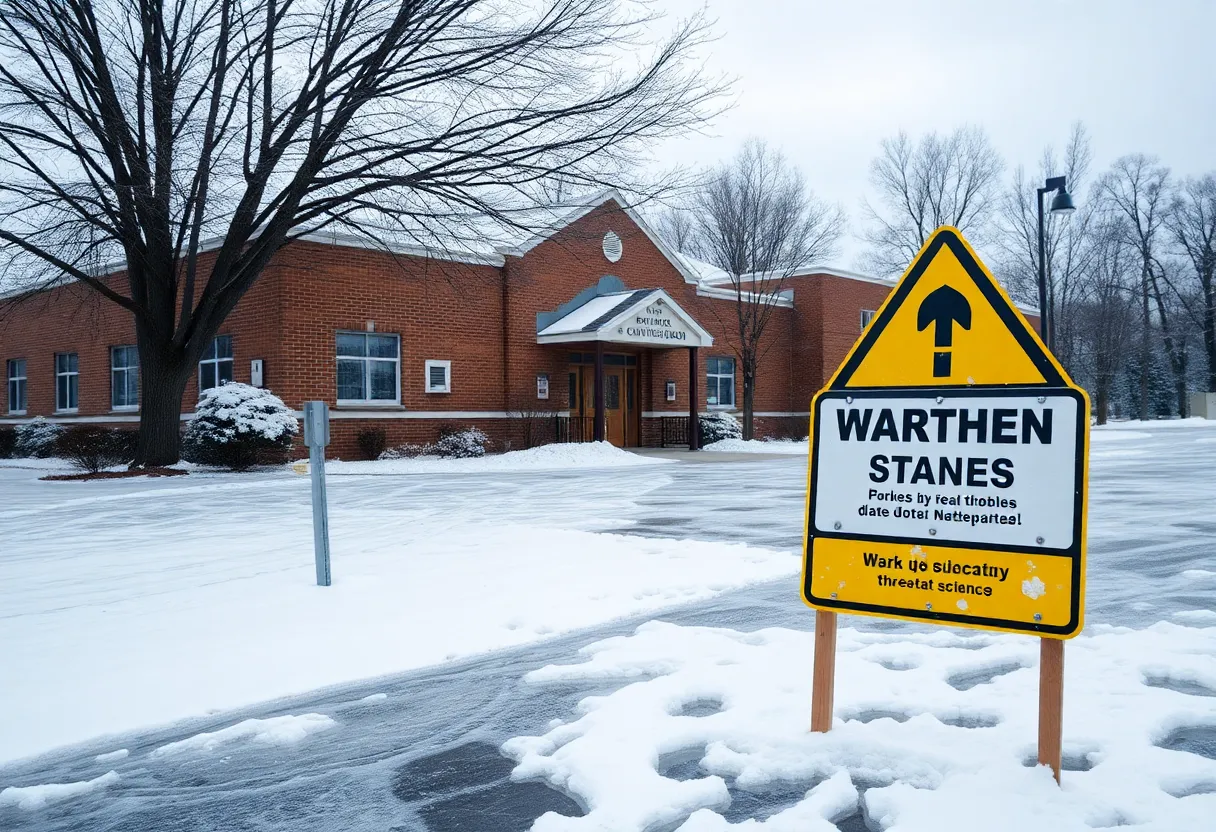 School building in winter weather conditions
