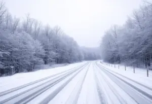 Snow-covered trees and icy roads in Maryland during winter