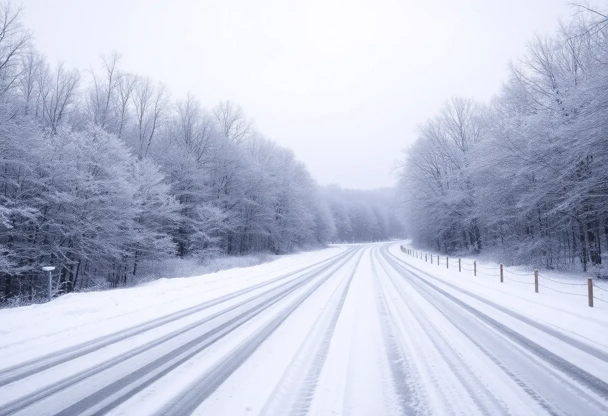 Snow-covered trees and icy roads in Maryland during winter