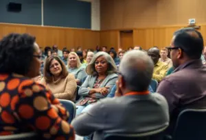 Community members participating in a public meeting about the data center in Woodlawn.