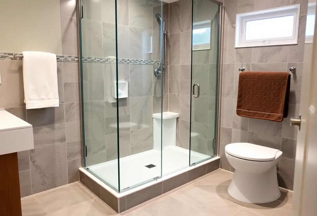 Modern accessible bathroom featuring walk-in shower for seniors