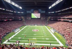 Fans celebrating during an NFL game in a vibrant football stadium.
