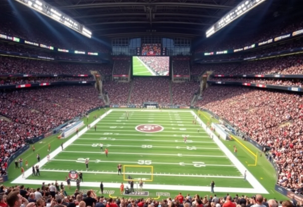 Fans celebrating during an NFL game in a vibrant football stadium.