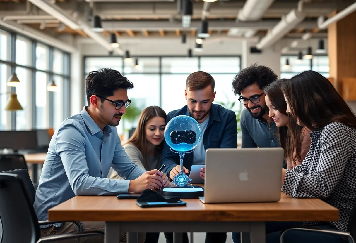 Diverse entrepreneurs collaborating on AI projects in a modern workspace.