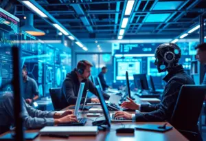 A collaborative workspace featuring AI technology and human workers