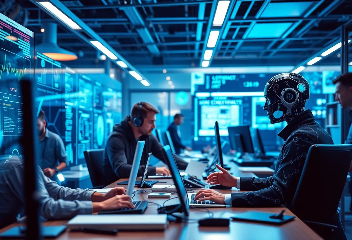 A collaborative workspace featuring AI technology and human workers