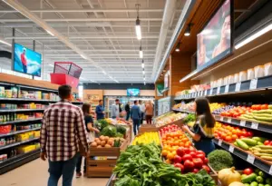 Modern grocery store interior featuring vibrant produce section and customers shopping.