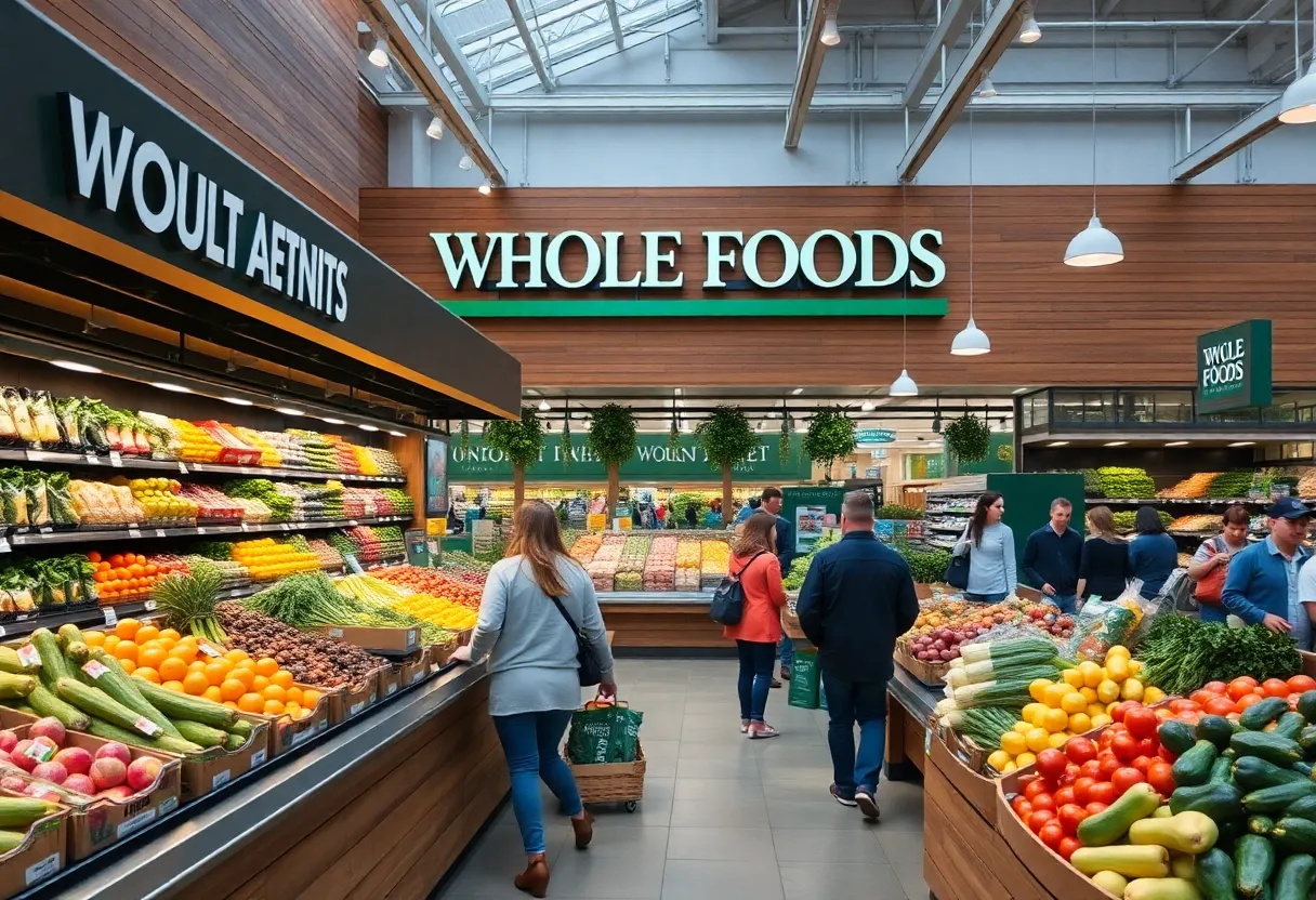 Whole Foods Market showcasing fresh produce and shoppers.