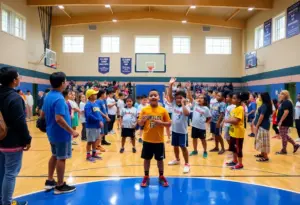 Students celebrating at the newly renovated weight room during Under Armour's Armour Day event.