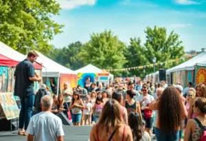 Musicians perform on stage at the Artscape festival in Baltimore with a lively crowd.