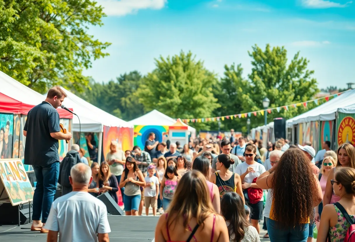 Musicians perform on stage at the Artscape festival in Baltimore with a lively crowd.