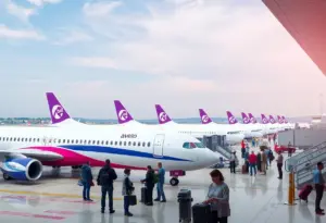 Avelo Airlines planes at the airport terminal with travelers checking in.