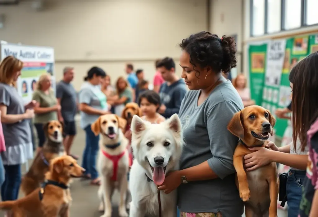 Families participating in an adopt-a-thon at Baltimore County Animal Services, showcasing pets available for adoption.