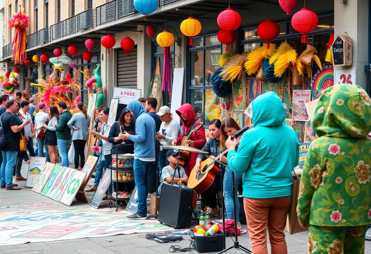 A lively arts and culture event in Baltimore with people engaging in various forms of artistic expression.