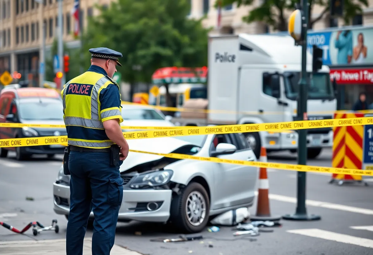 Crime scene with police examining a rental truck involved in a crash