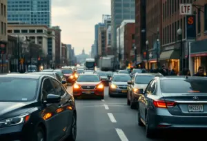 Urban landscape of Baltimore showing cars and pedestrians