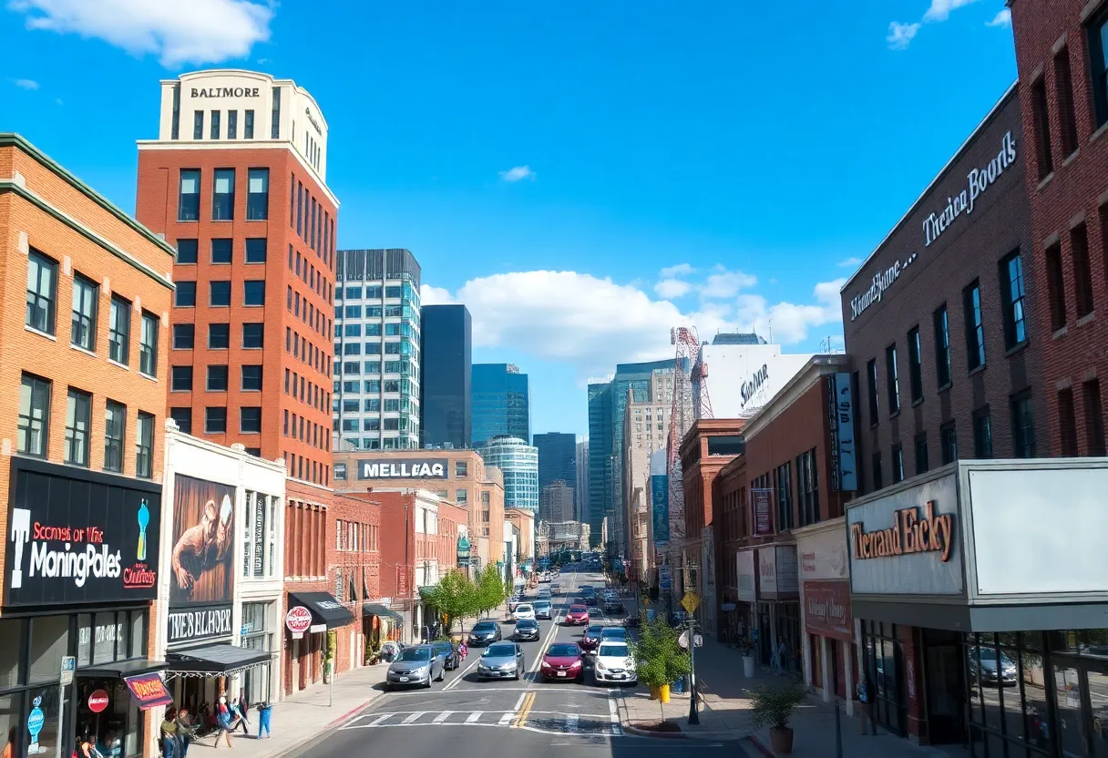 A view of Baltimore city with various local businesses and media representations.