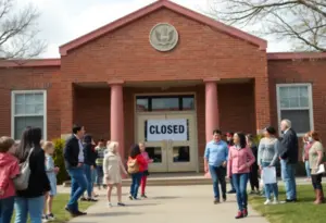 A school closure sign in front of a school building