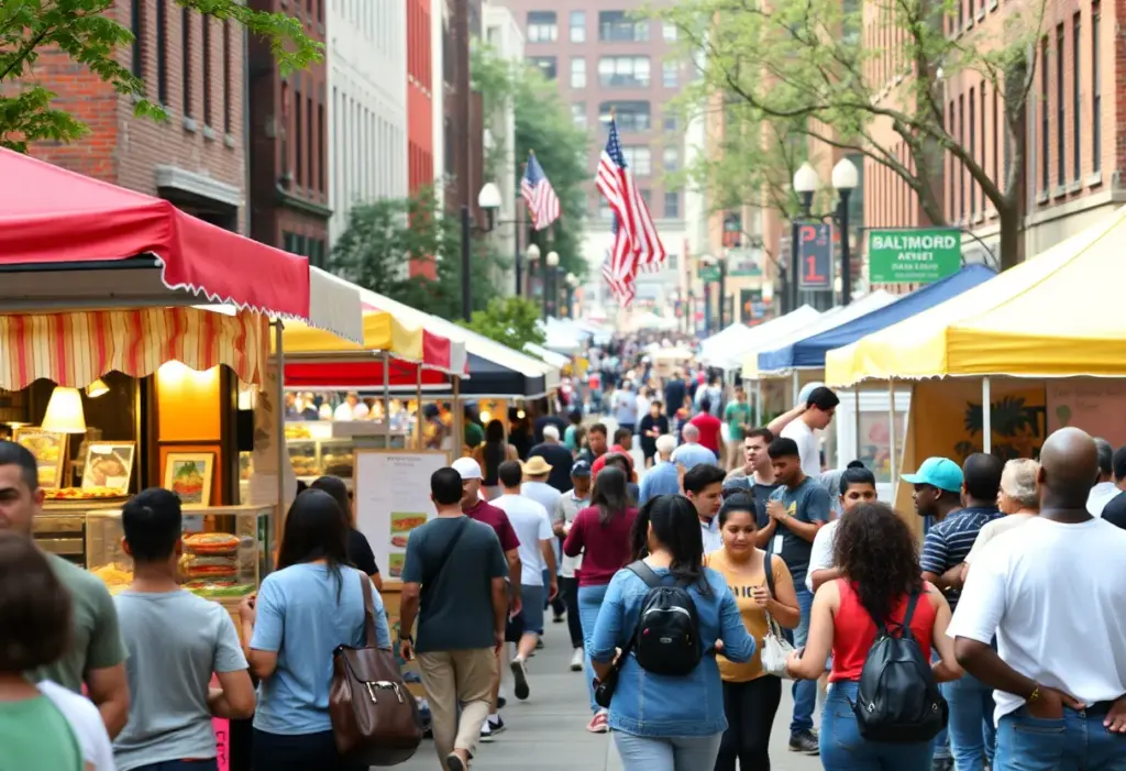 Crowd enjoying the Baltimore community festival with food, music, and cultural activities.