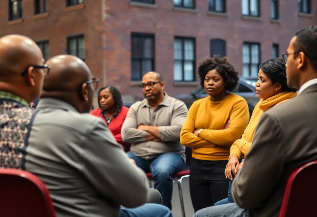 Residents of Baltimore engaging in a community meeting discussing safety and gun violence prevention.